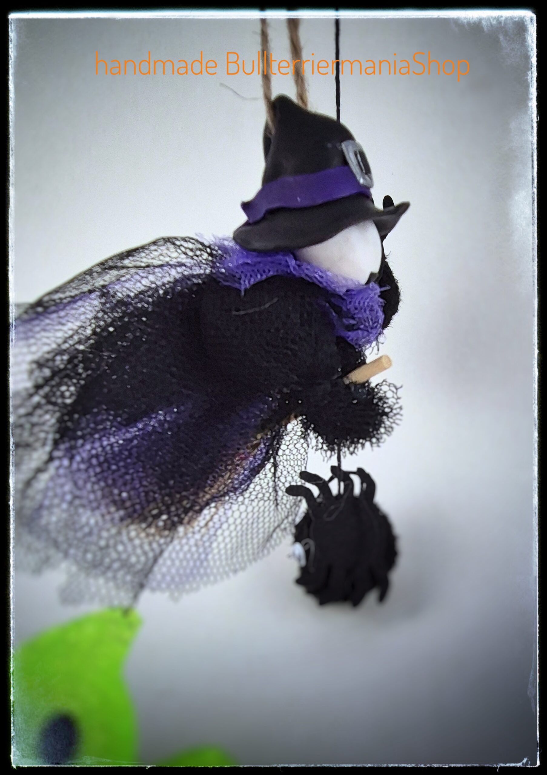 Handmade Halloween Bull Terrier ornament wearing a witch hat