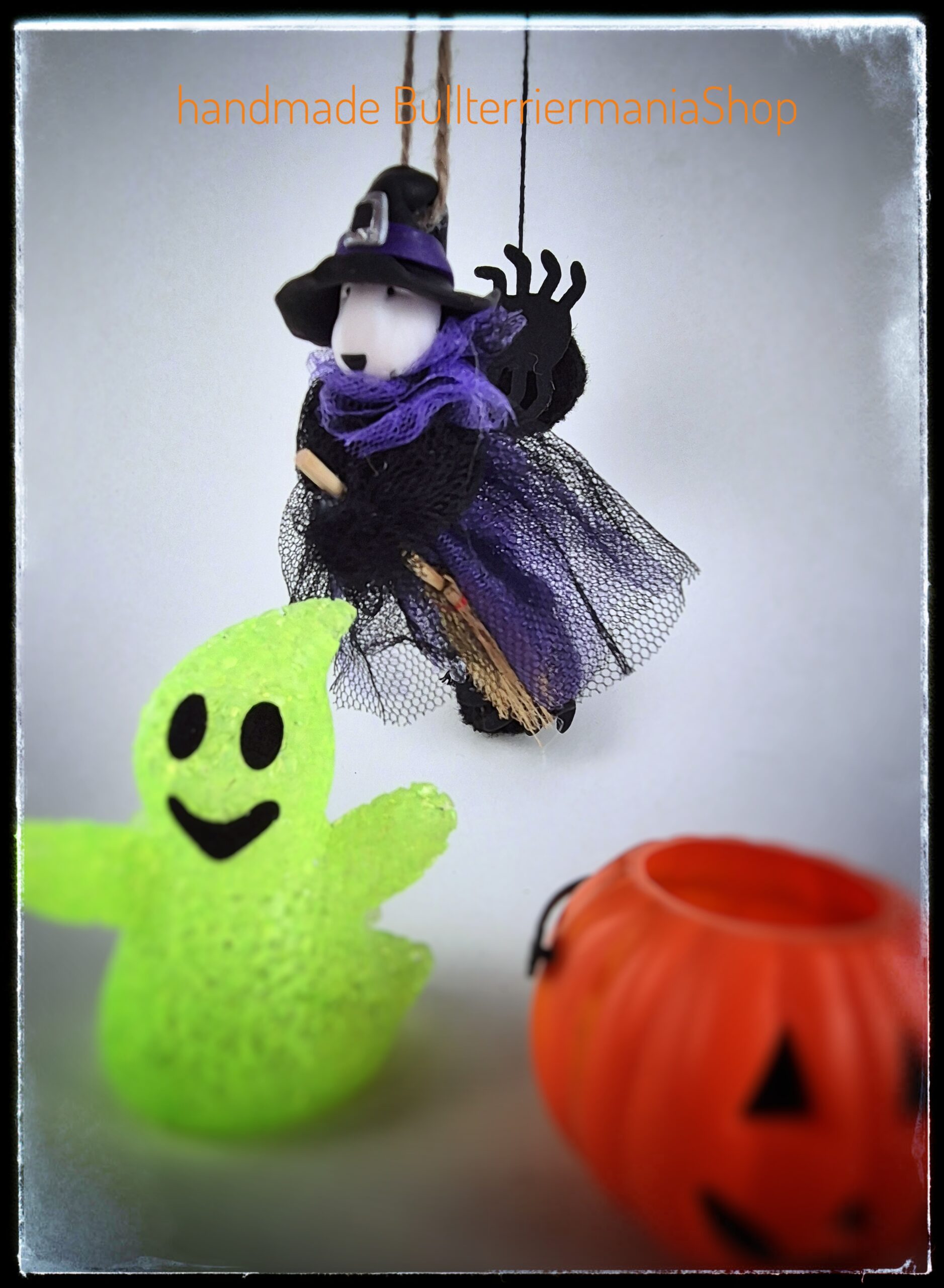 Halloween Bull Terrier decoration made from polymer clay