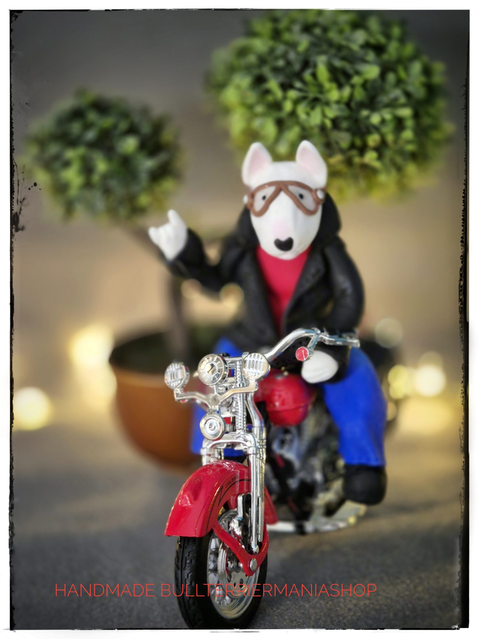Motorcycle Bull Terrier sculpture handmade from polymer clay