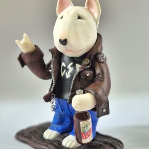 Handmade rocker Bull Terrier figurine wearing a leather jacket, blue jeans, and holding a bottle.