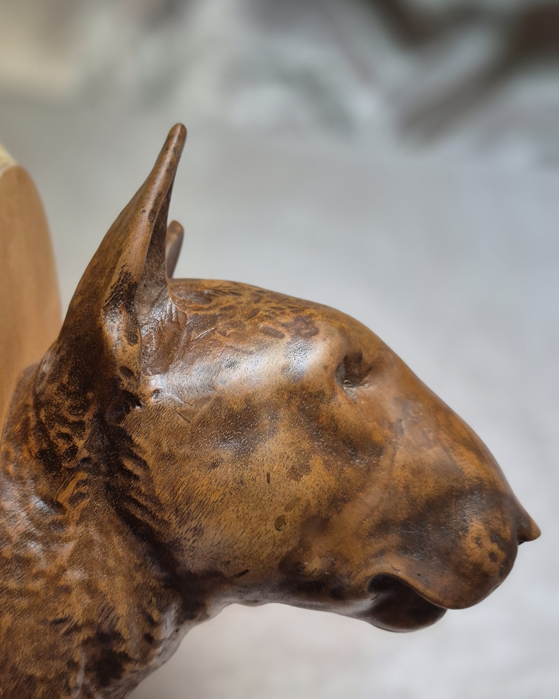 Walnut Bull Terrier Hand Carved Wall Decor