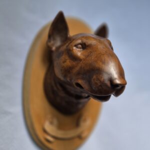 Hand carved Bull Terrier wood sculpture