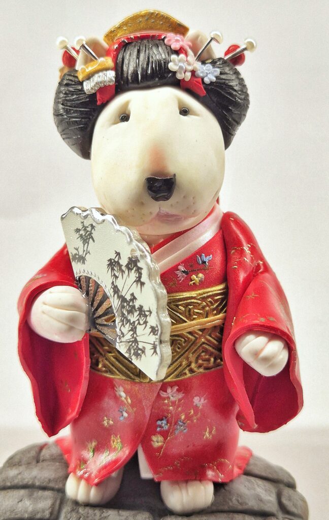 Bull Terrier Geisha Figurine Handmade Japanese Dog Sculpture