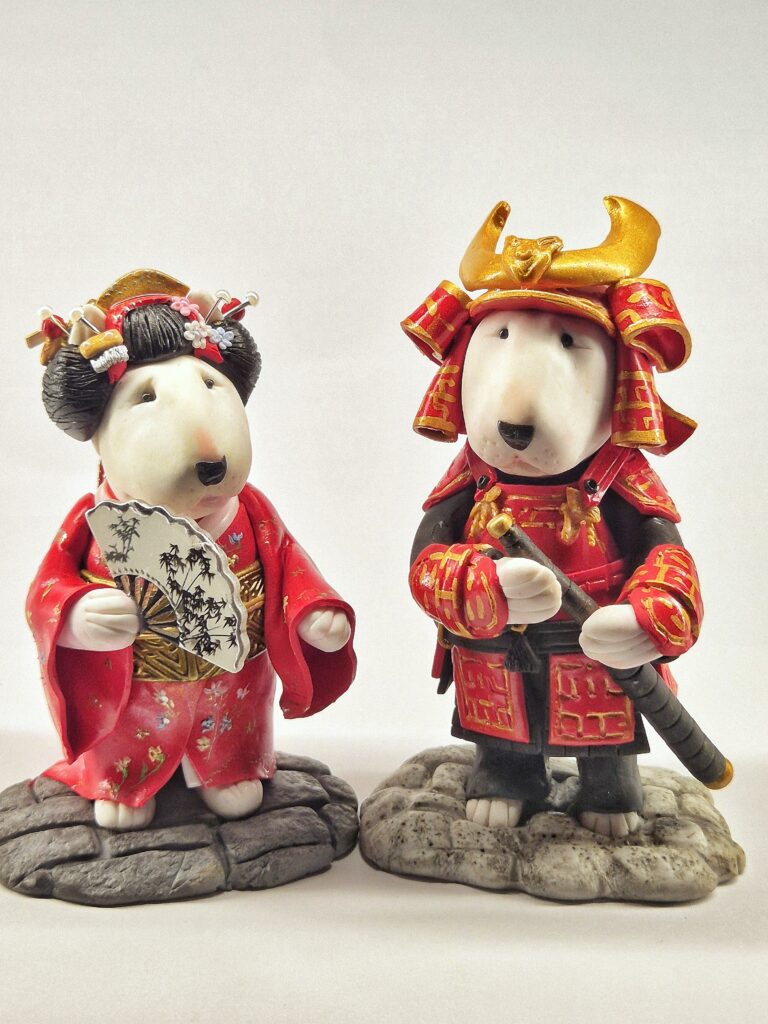 Samurai and Geisha Bull Terrier Figurines