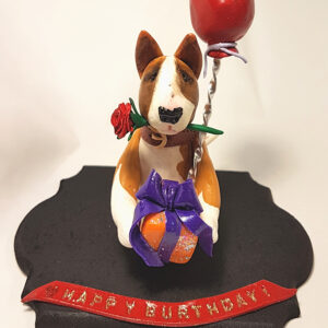 Handmade Bull Terrier birthday figurine with balloon, gift box and personalized birthday message
