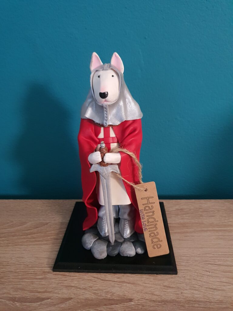 Handmade Bull Terrier Knight figurine with armor sword and red cape
