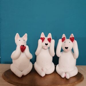 Handmade Three Wise Bull Terrier figurines representing See No Evil Hear No Evil Speak No Evil