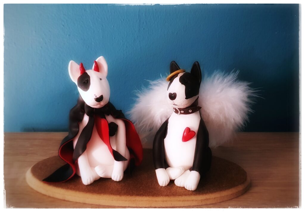 Handmade Bull Terrier Angel Devil Couple Sculpture