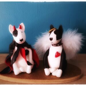 Handmade Bull Terrier angel and devil couple figurine. Romantic dog lover gift perfect for Valentine's Day