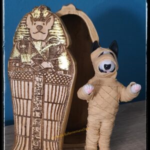 Handmade Bull Terrier mummy figurine with Egyptian sarcophagus. Unique polymer clay collectible and gift for Bull Terrier lovers and history enthusiasts.