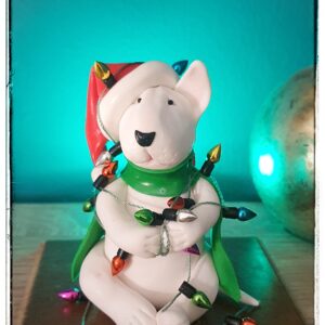 Handmade Christmas Bull Terrier figurine wrapped in colorful Christmas lights holiday dog decoration