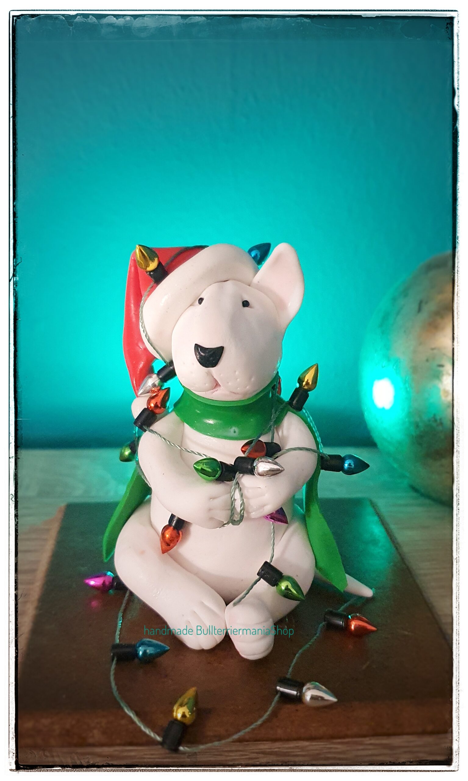 Handmade Christmas Bull Terrier figurine wrapped in colorful Christmas lights holiday dog decoration