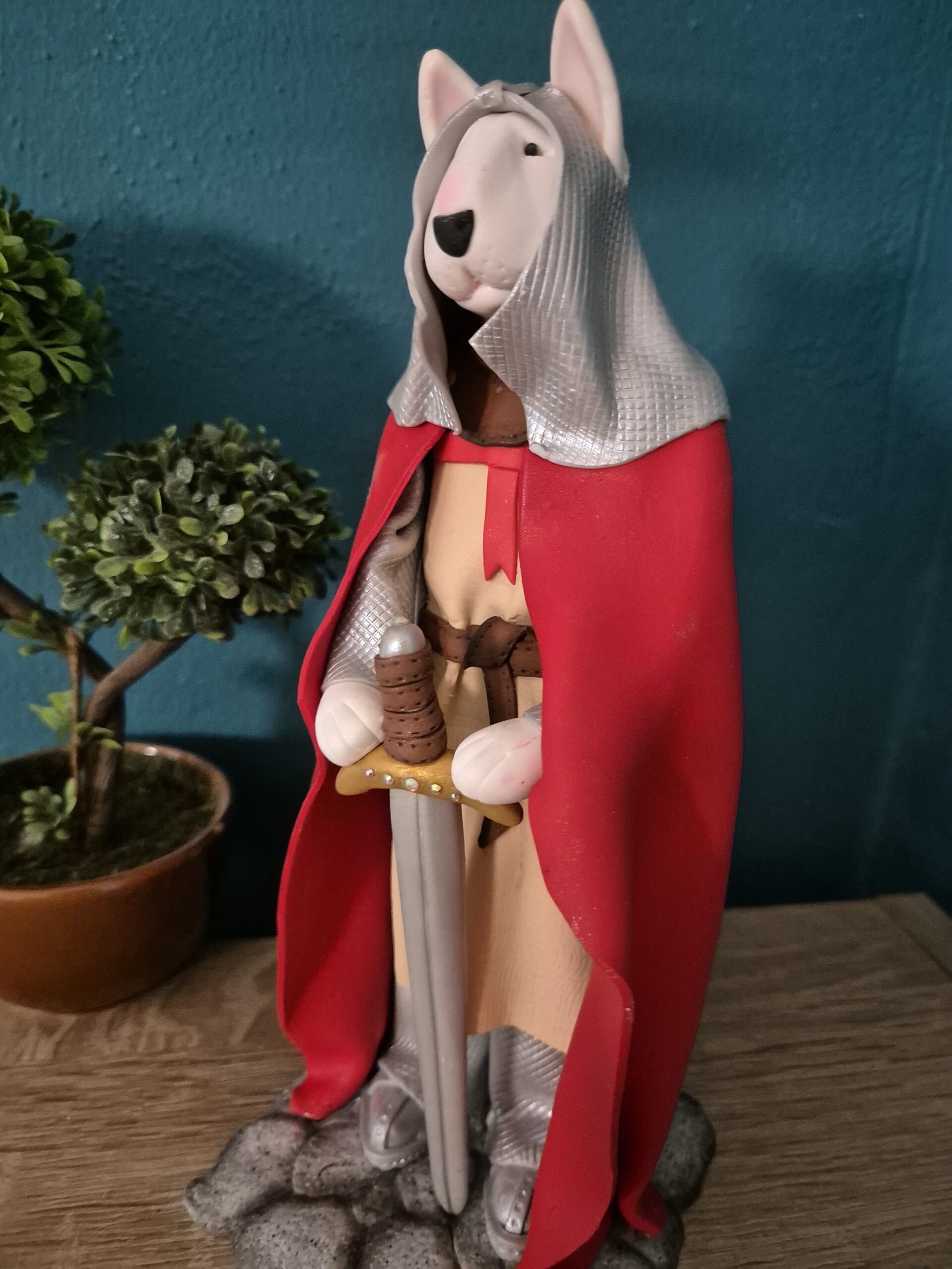 Handmade medieval Bull Terrier character with sword
