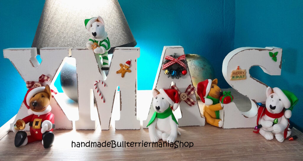 Christmas Bull Terrier Decoration with handmade holiday dog figurines and festive Xmas letters