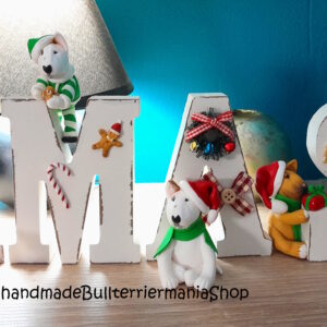 Christmas Bull Terrier Decoration with handmade holiday dog figurines and festive Xmas letters