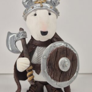 Handmade Viking Bull Terrier figurine holding an axe and shield with detailed Norse warrior armor