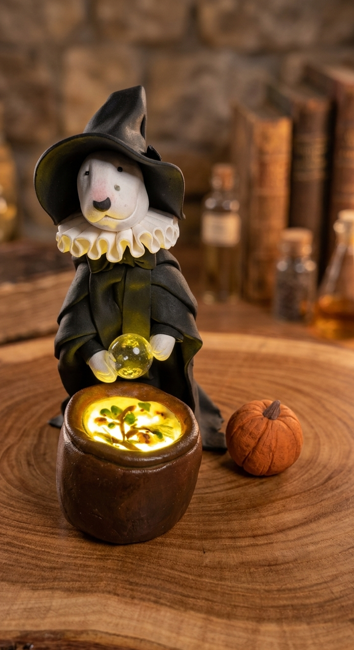 Bull Terrier witch collectible with glowing cauldron and small pumpkin