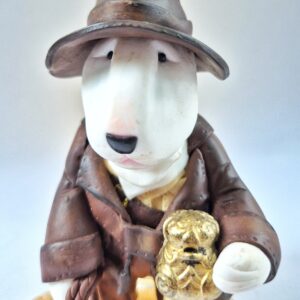 Handmade Bull Terrier explorer figurine crafted from polymer clay.