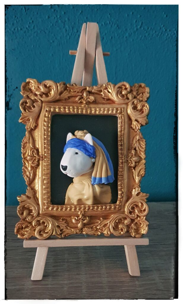Pearl Earring Bull Terrier handmade portrait in a vintage frame