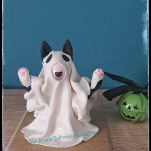Handmade Bull Terrier Ghost Figurine, Cute Halloween Dog Decor, Spooky Polymer Clay Collectible, Unique Gift for Dog Lovers