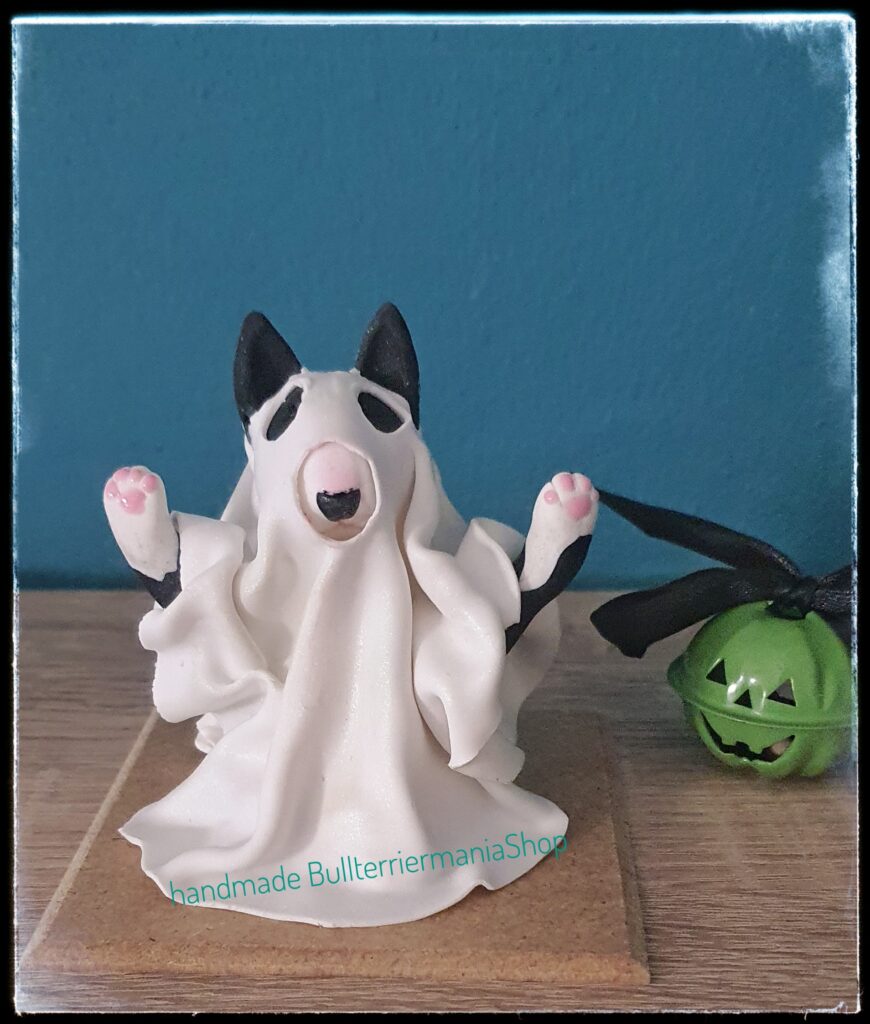 Handmade Bull Terrier Ghost Figurine, Cute Halloween Dog Decor, Spooky Polymer Clay Collectible, Unique Gift for Dog Lovers