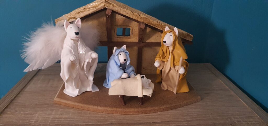 Handmade Bull Terrier Nativity Set with Angel and Holy Family