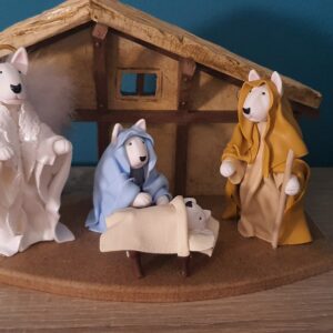 Handmade Bull Terrier Nativity Set with Angel and Holy Family