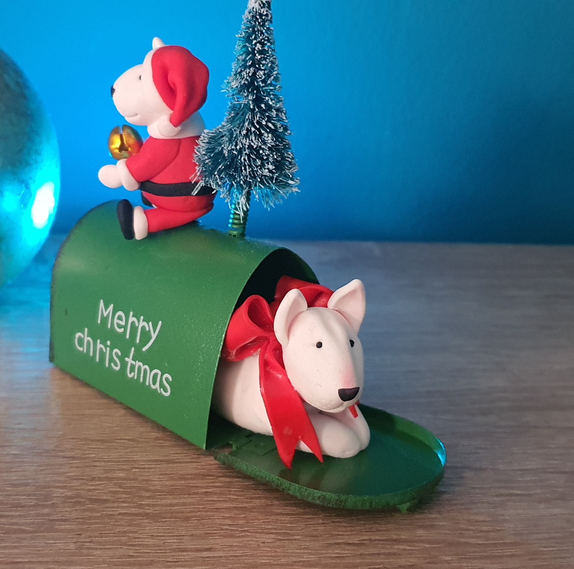 Polymer clay Bull Terrier Christmas ornament with tree