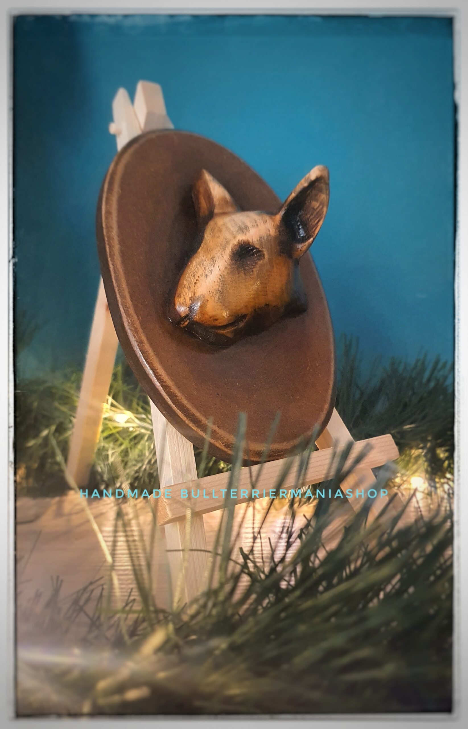 Hand carved Bull Terrier wall art