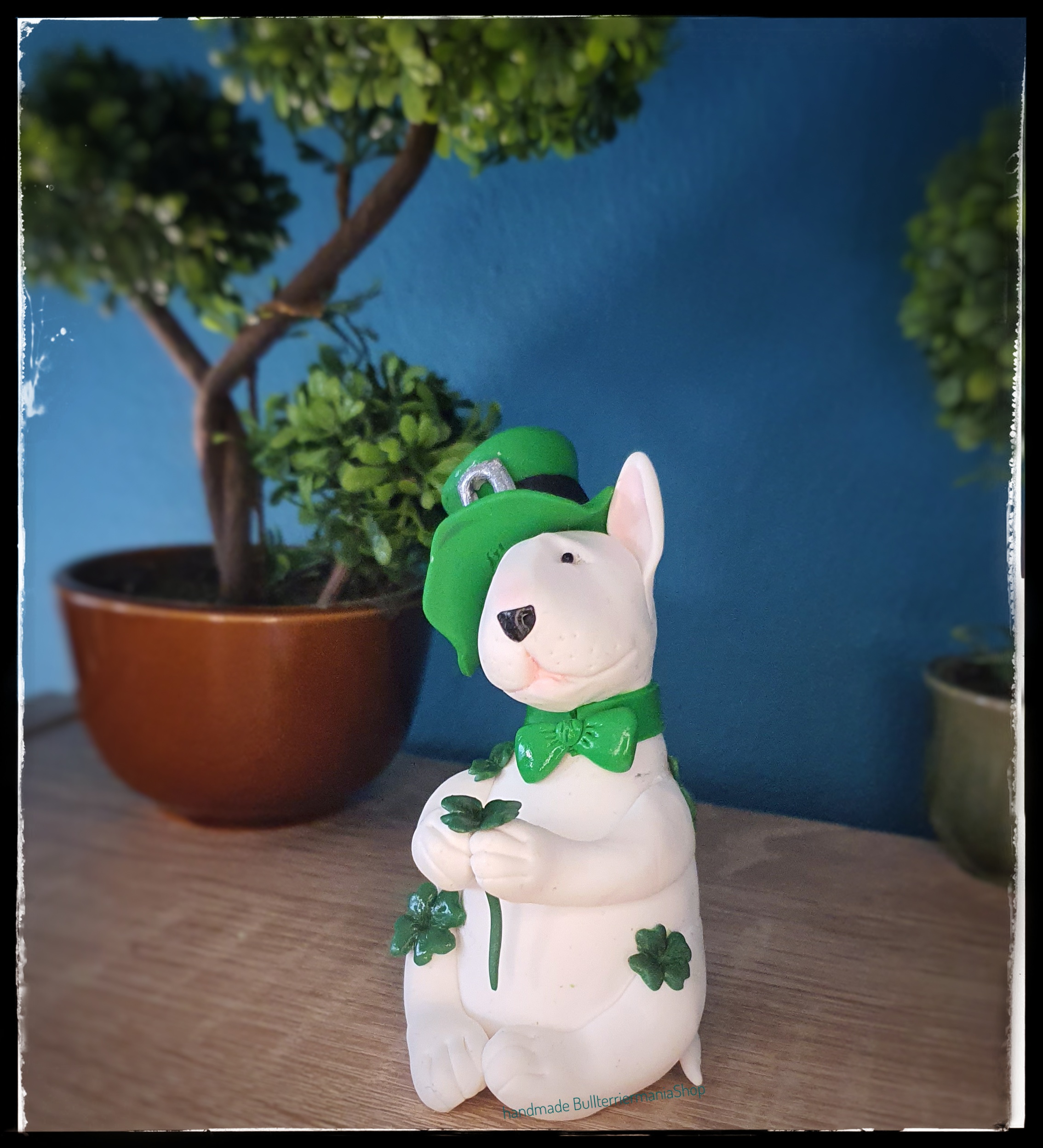 St. Patrick's Day Bull Terrier Figurine, Handmade Lucky Dog Sculpture, Irish Gift, Polymer Clay Collectible - Image 4