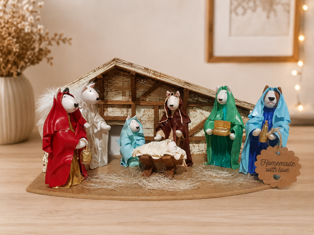 Bull Terrier Nativity Set with handmade stable