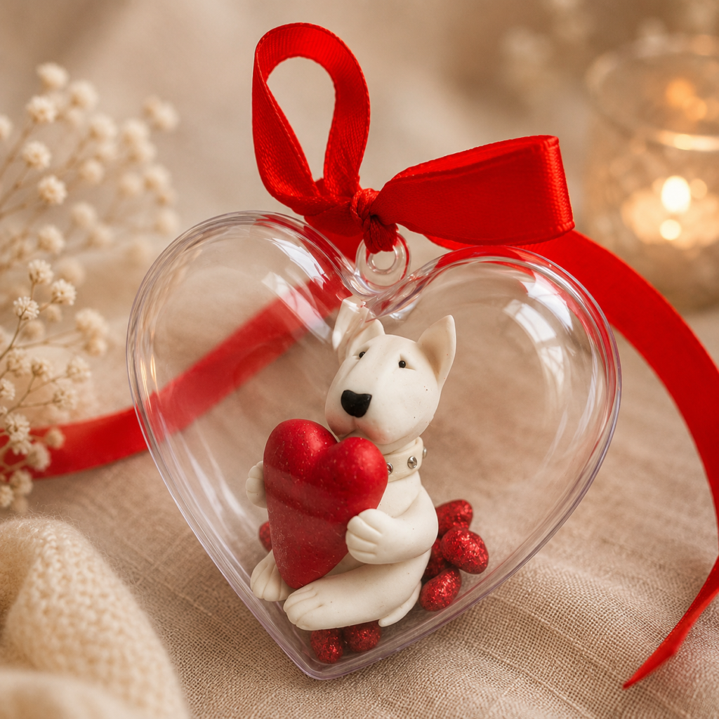 Bull Terrier heart ornament with polymer clay figurine