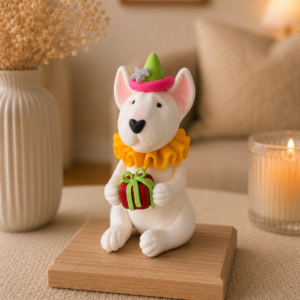 Bull Terrier birthday figurine holding a gift