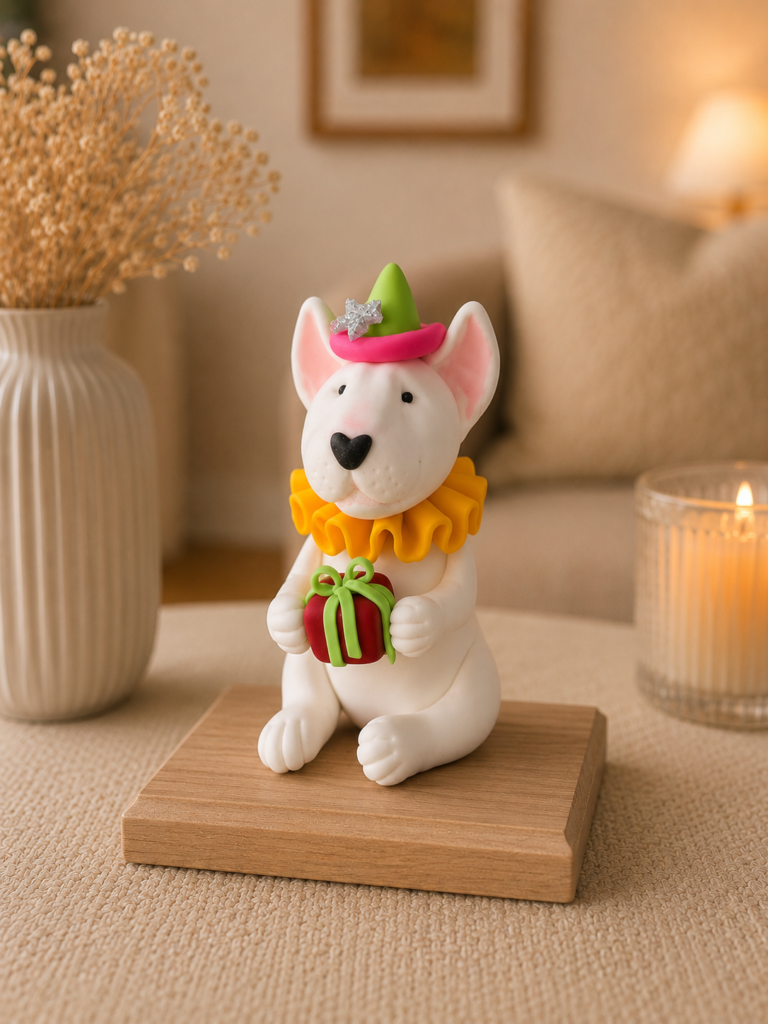Bull Terrier birthday figurine holding a gift