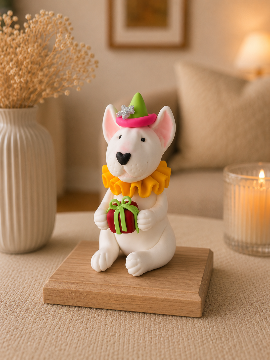 Bull Terrier birthday figurine holding a gift