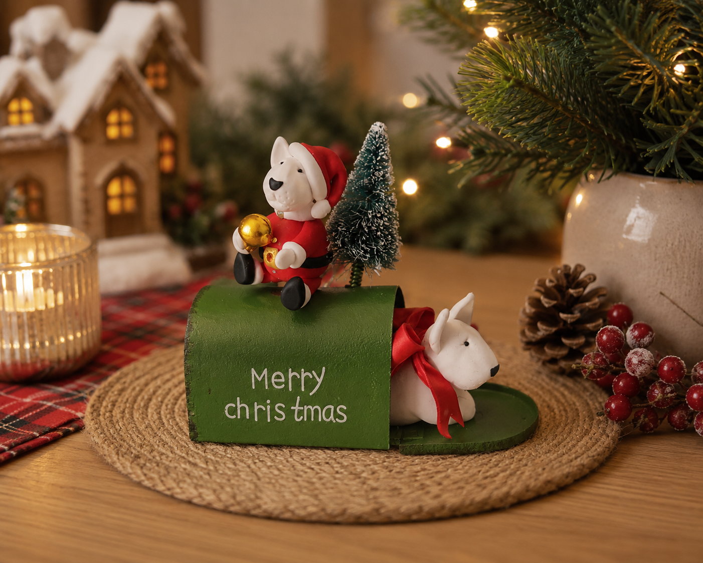 Handmade Bull Terrier Christmas decoration with festive mailbox