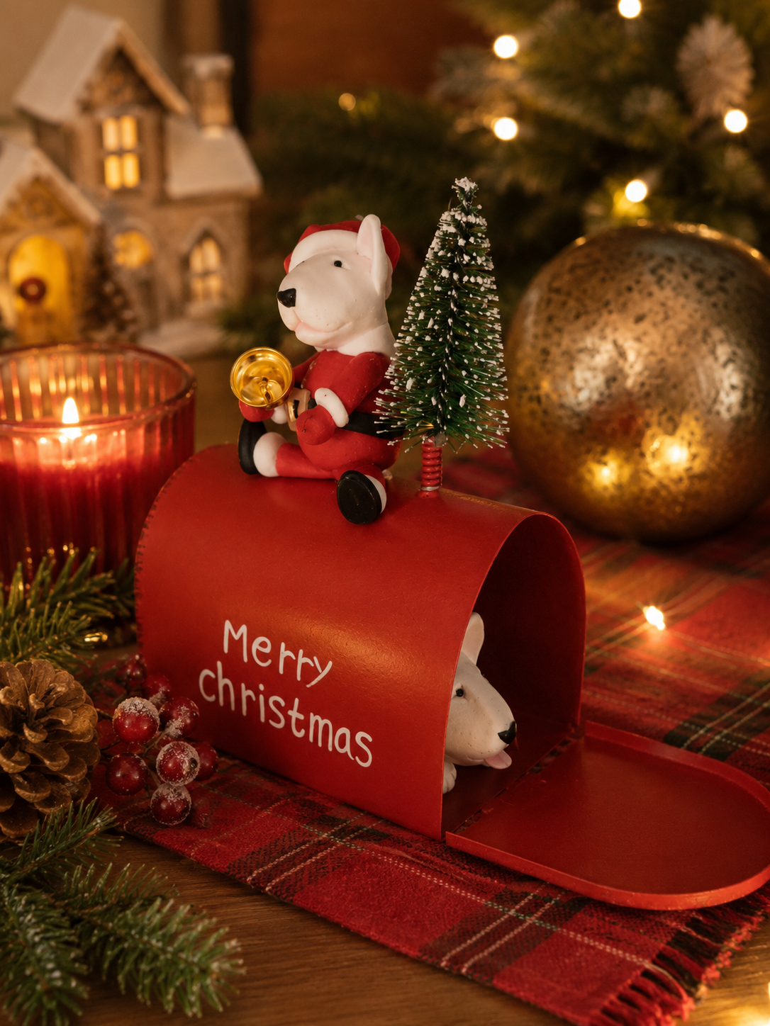 Santa Bull Terrier sitting on Christmas mailbox ornament
