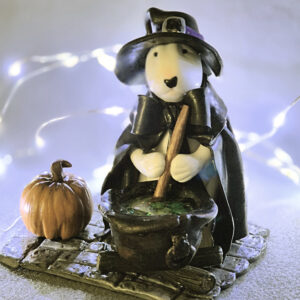 Handmade Bull Terrier Halloween Decor witch figurine with cauldron
