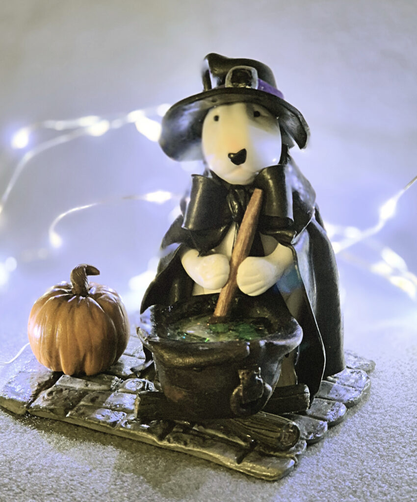 Handmade Bull Terrier Halloween Decor witch figurine with cauldron