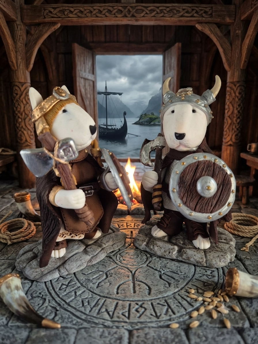 Bull Terrier Viking figurines displayed as Scandinavian home décor.