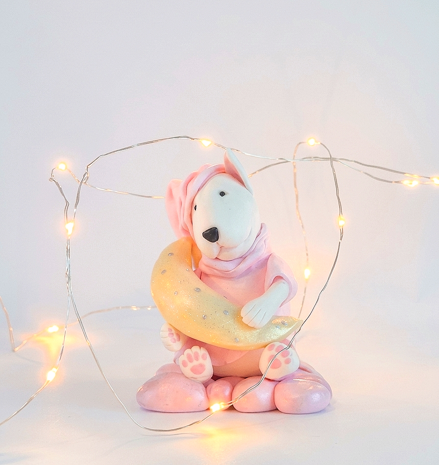 Handmade Bull Terrier night light with glowing crescent moon and pink pajamas