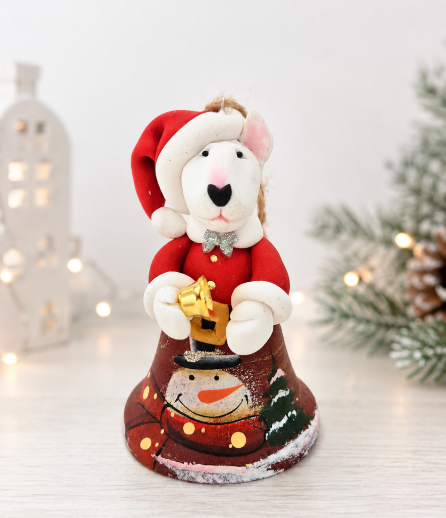 Bull Terrier Christmas bell ornament with Santa