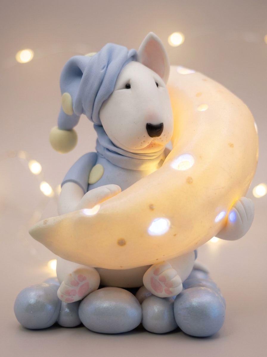 Handmade Bull Terrier night light figurine holding a glowing crescent moon