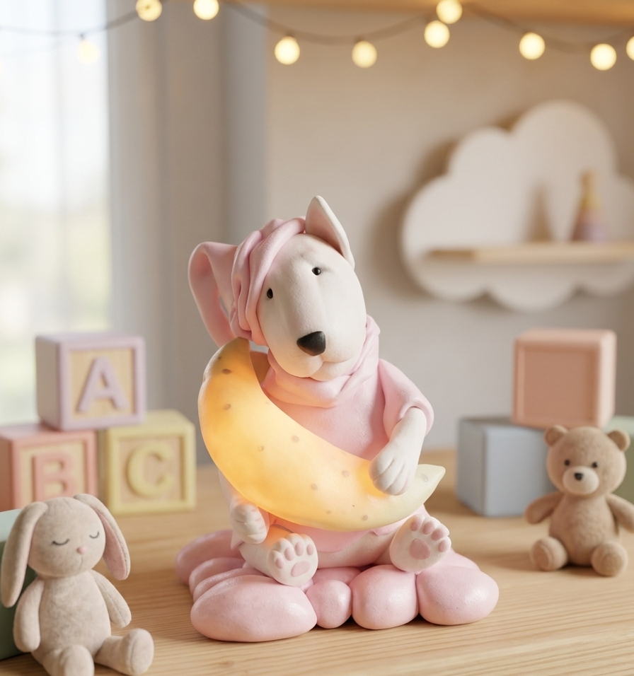 Handmade Bull Terrier figurine with illuminated crescent moon night light