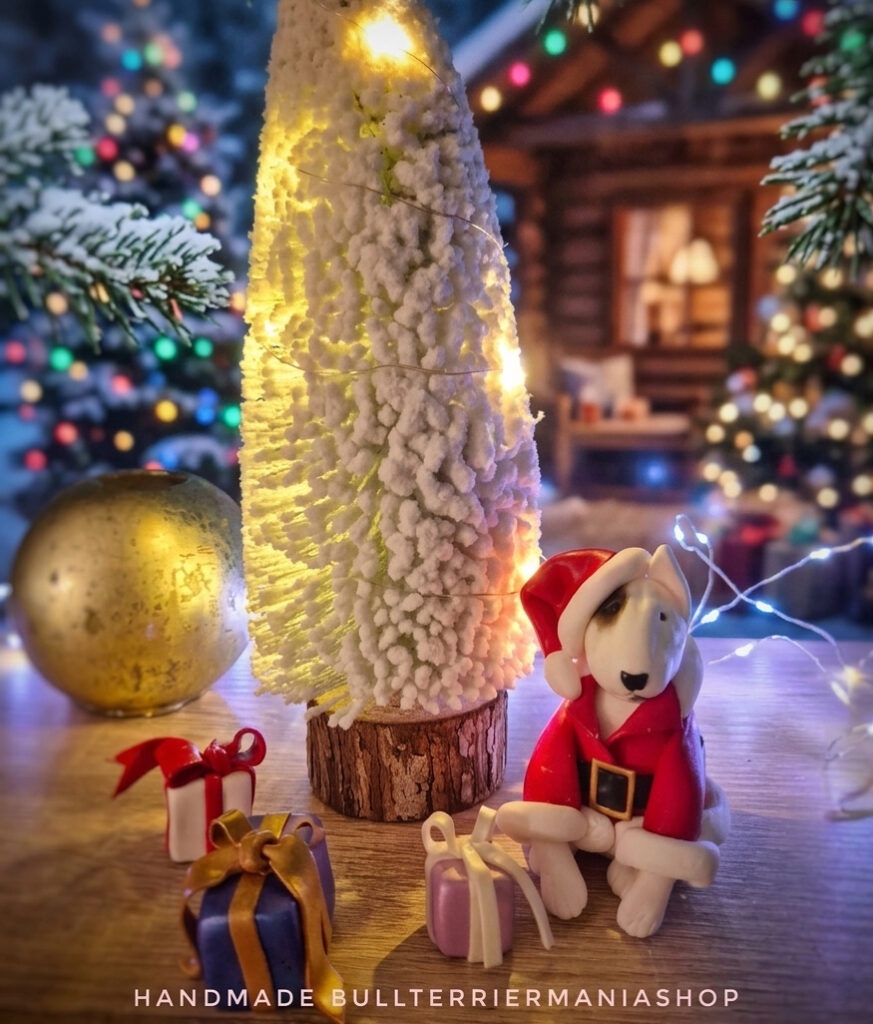 Bull Terrier Christmas Figurine Santa figurine handmade from polymer clay